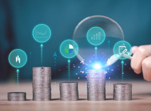 stacked coins with digital icons